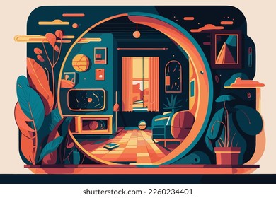 the metaverse illustration with a gate opening to another universe. User with virtual reality glasses. 