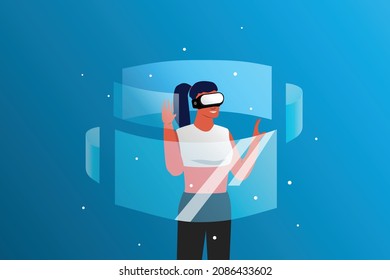 the metaverse Imagination in the virtual world.happy women Blue background Vector illustration.