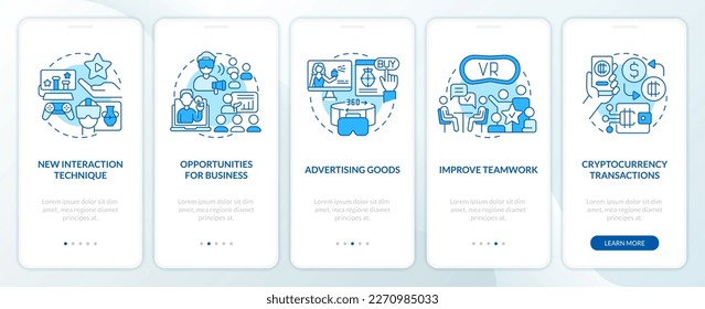 Metaverse importance for business blue onboarding mobile app screen. Walkthrough 5 steps editable graphic instructions with linear concepts. UI, UX, GUI template. Myriad Pro-Bold, Regular fonts used