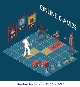 Metaverse isometric concept with online game scene and user wearing vr headset 3d vector illustration