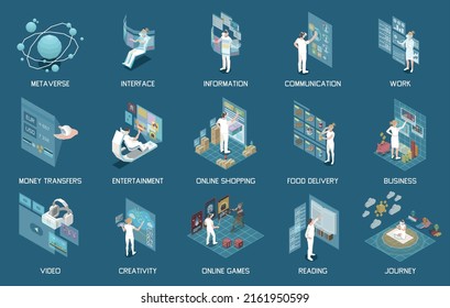 Metaverse isometric set with business online shopping video games work communication and characters wearing virtual reality headset 3d isolated vector illustration