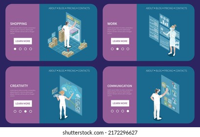 Metaverse isometric web banners set with people wearing vr glasses working communicating doing shopping drawing isolated 3d vector illustration