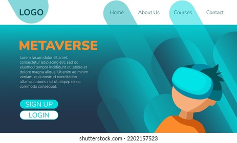 Metaverse Items Landing Page. Boy With VR Headset, Virtual Reality Glasses Abstract Background. Alpha Generation Children In Cyber Space. Meta Universe Learning Education Concept. Vector Illustration.