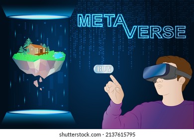 Metaverse Land, digitale Immobilieninvestitionen, Spielfinanzierung, p2e Technologie. Virtuelles Land im Teleport-Podium mit Hologramm-Effekt. Metaverse Neon Text Design.