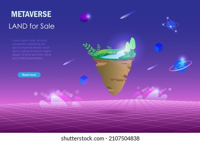 Metaverse Land For Sale, Digital Real Estate And Property Investment Technology.  Virtual Reality Land For Sale In Cyber Space Futuristic Environment Background.