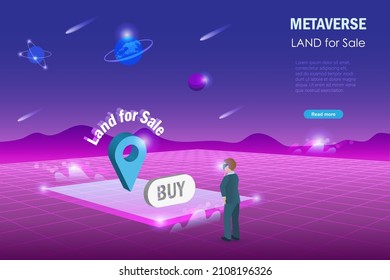 Metaverse land for sale, digital real estate and property investment technology. Man buy virtual reality land for sale in metaverse cyber space futuristic environment background.