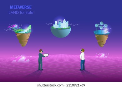 Metaverse tierra a la venta, inmobiliaria digital y tecnología de inversión inmobiliaria.  Empresario compra tierra virtual a la venta en un entorno futurista de ciberespacio metaverso.