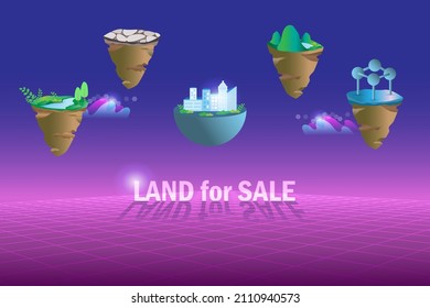 Metaverse land for sale, digital real estate and property investment technology. Virtual reality land for sale in metaverse cyber space futuristic environment background.