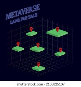Metaverse land for sale, digital real estate and property investment technology. Virtual reality land for sale with pin point in cyber space futuristic environment background.