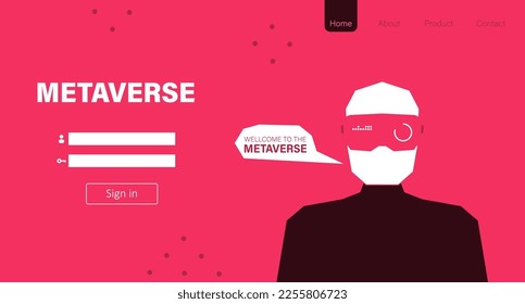 Metaverse landing page. Man with virtual reality VR goggle playing AR augmented reality game and entertainment, NFT game futuristic lifestyle.