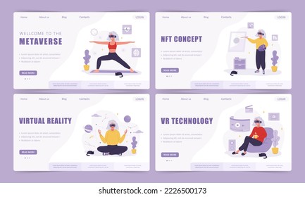 Metaverse landing page template collection. Elderly women wearing VR glasses. Augment reality or Cyberspace concept. Modern technology entertainment. Vector illustration in flat cartoon style.