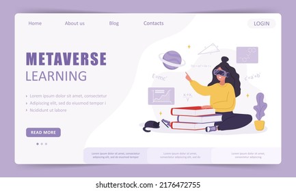 Metaverse learning landing page template. Woman in VR glasses sitting and reading books. Modern technology for education. Vector illustration in flat cartoon style. Virtual reality concept.