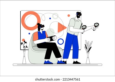 Metaverse line concept with people scene in the flat cartoon style. Boy and girl play games together while in virtual space. Vector illustration.