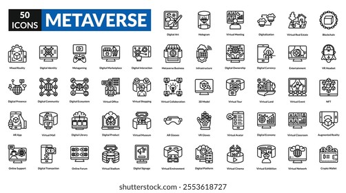 Metaverse line icon collection set. Includes vr, ar, avatar, blockchain, virtual, reality, headset, nft, cyberspace, immersive, digital, universe, gaming, simulation, interaction