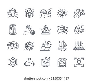 Metaverse line icon set. Minimalistic stickers with virtual reality, modern technologies and innovative gadgets. Futuristic world. Cartoon flat vector collection isolated on white background