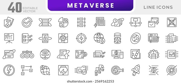 Metaverse line icon set. virtual reality, modern technologies, gadgets. Futuristic world, intelligence, technology, innovation, digital line icon set. UI thin line icon pack.