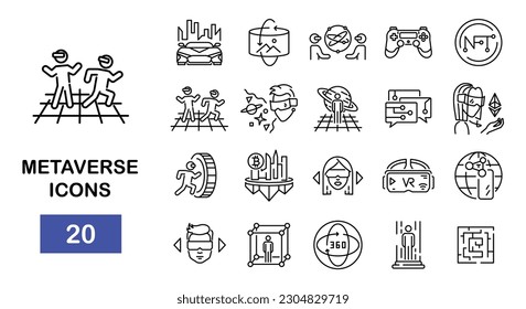 Metaverse line icons set. Contains such icons as virtual reality, futuristic car, game, artificial intelligence. Vector illustration