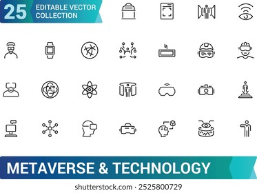 Definição de ícones de linha metaverso. Incluído o mundo virtual, realidade virtual, VR, Digital, Terra e muito mais, Conjunto de ícone de traçado editável, Pixel perfeito, ilustração vetorial.