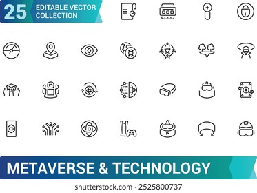 Metaverse line icons set. Included the Virtual World, Virtual reality, VR, Digital, Earth and more, Editable stroke icon set, Pixel perfect, vector illustration.