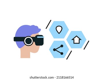 Metaverse Logo. Man In Vr Mask, Online Internet And House, Real Estate, Communication, Gallery Icons. Virtual Reality Vector Symbol. Technotrend 2022. Modern Trend In The Internet And Business