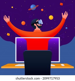 Metaverse and a man at his desk wearing a virtual reality helmet.