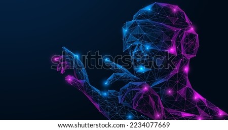 Metaverse, a man wearing virtual reality glasses. Polygonal design of lines and dots.