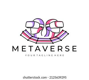 Metaverse, Man And Woman Wearing Virtual Reality Glasses, Logo Design. Cyberspace, VR, Digital World And Blockchain, Vector Design And Illustration