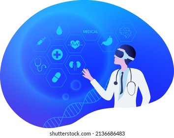 Metaverse in medical and healthcare concept. Doctor virtual reality goggle glass, having 3d experience in virtual reality in medical world vector illustration. 