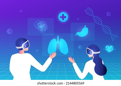 Metaverse in medical and healthcare concept. Doctor virtual reality goggle glass, having 3d experience in virtual reality in medical world vector illustration. 