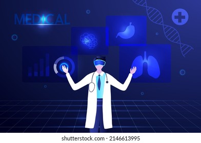 Metaverse in medical and healthcare concept. Doctor virtual reality goggle glass, having 3d experience in virtual reality in medical world vector illustration. 
