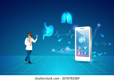 Metaverse in medical and healthcare, Doctor wear VR goggle glass experience 3D virtual reality on smartphone, learning, analysing and diagnosis human organs health problem environment interface.