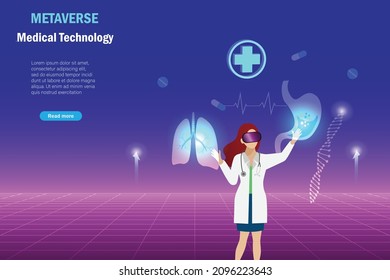 Metaverse in medical and healthcare, Doctor woman experience 3D virtual reality learning, analysing and diagnosis human organs health problem. Metavere and break woman science bias.