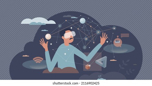 Metaverse as meta universe digital technology environment tiny person concept. Online virtual platform for AI, 3D augmented reality and cyberspace vector illustration. Futuristic experience IT tech.