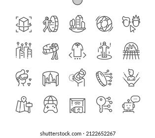 Metaverse. Meta World. Virtual Space. Character Avatar. Digital Money. Cyber Security. Pixel Perfect Vector Thin Line Icons. Simple Minimal Pictogram