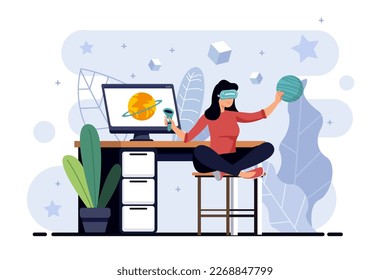 Metaverse minimalistic concept with people scene in the flat cartoon design. Girl explores planets while in the metaverse using a computer. Vector illustration.