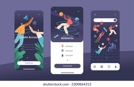 Metaverse Mobile App Page Onboard Screen Template. Augmented Reality Concept. Characters Wear Vr Glasses