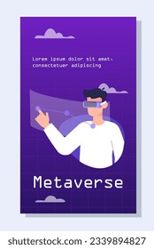 Concepto de póster de neón de Metaverse. Tecnologías e innovaciones modernas. Hombre con vasos vr. Carácter en realidad virtual. Volante y folleto. Dibujo vectorial plano de dibujos animados aislado en fondo blanco
