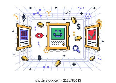 Metaverse nft virtual gallery with image vector. Digital electronic coin bitcoin or ethereum for buying funny picture or photo. Innovative service with media file flat cartoon illustration