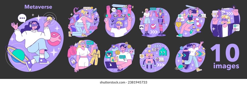 Metaverse night or dark mode set. VR futuristic technology. Digital environment or online virtual platform. Character in augmented reality and cyberspace. Flat vector illustration