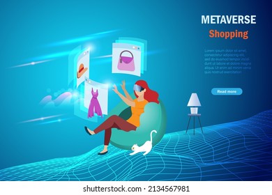 Metaverse Online Shopping In Virtual Reality Environment. Woman Wear VR Goggle Glass At Home Enjoy 3D Experience Shopping On Metaverse Screen Device