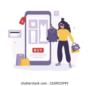 Metaverse online shopping. Woman in VR glasses choosing goods in web application. Cyberspace or Virtual reality concept. Modern technology entertainment. Vector illustration in flat cartoon style.