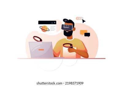 Metaverse orange concept with people scene in the flat cartoon style. Man plays in the virtual space he got into with the help of a laptop and VR-glasses. Vector illustration.