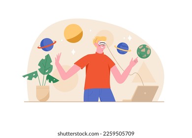 Metaverse orange concept with people scene in the flat cartoon style. Guy got into virtual reality with help of digital gadgets and technologies. Vector illustration.