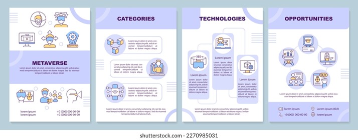 Metaverse purple brochure template. Virtual reality. Leaflet design with linear icons. Editable 4 vector layouts for presentation, annual reports. Arial-Black, Myriad Pro-Regular fonts used