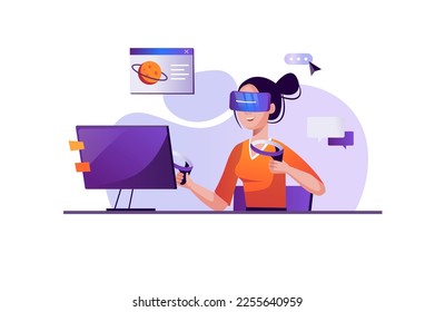 Metaverse purple concept with people scene in the flat cartoon style. Girl is in virtual space, which she entered with the help of a computer and digital technologies. Vector illustration.