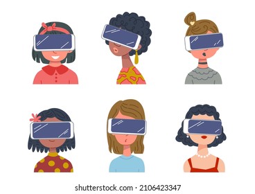 Metaverse, a set of avatars of characters in augmented reality glasses. Girl in vr mask, online world. Contribution to cryptocurrencies in the metaworld. Cartoon man in a gadget, virtual space