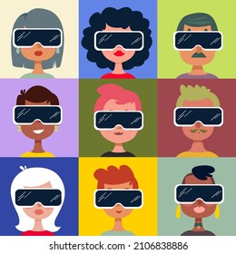 Metaverse is a set of cartoon character avatars in augmented reality vr mask. Girl in the gadget online world. Online reality on the Internet. Man in a gadget, virtual space