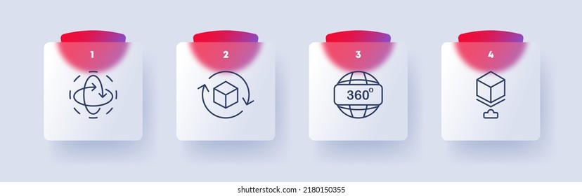 Metaverse set icon. 3d modeling of objects, Application Development. Planet with vr text. Arrow 360 degree viewing. Virtual reality concept. Glassmorphism style. Vector line icon for Business