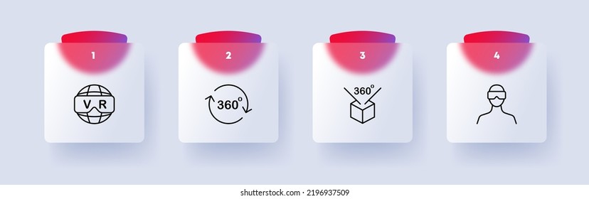 Metaverse set icon. Application Development, planet with vr text, arrow, augmented reality, 360 degree, cyberpunk. Virtual reality concept. Glassmorphism. Vector line icon for Business and Advertising