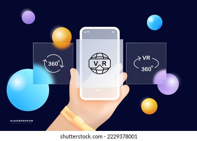 Metaverse set icon. Application Development, planet with vr text, arrow, neural network, 3d reality. Augmented reality, 360 degree view. Virtual reality concept. Ui phone app screen. Glassmorphism